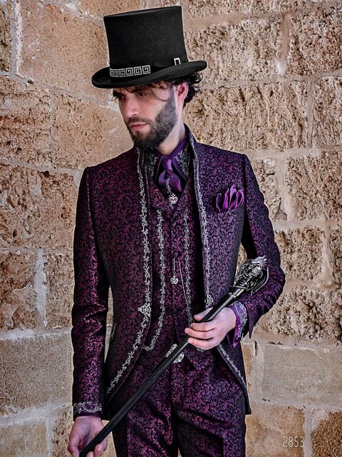 Abito completo stile gotico damascato viola con ricamo argento-nero