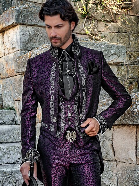 Frac particolare stile gotico damascato viola con ricamo argento-nero
