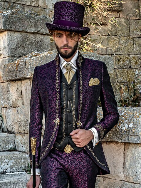 Abito cerimonia uomo damascato viola ricami nero-oro stile principesco