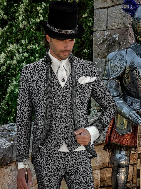 Abito sposo uomo damascato nero argento con passamaneria di cristallo