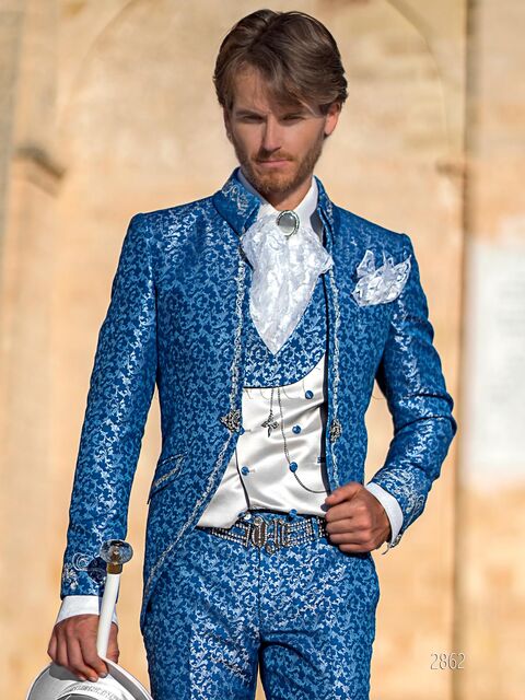 Abito cerimonia damascato blu royal con ricamo argento in stile barocco