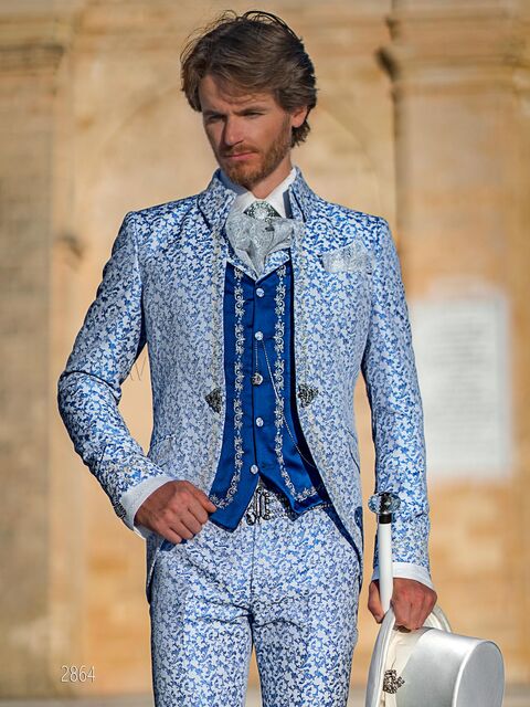 Abito da cerimonia barocco damascato blu royal con ricami argento
