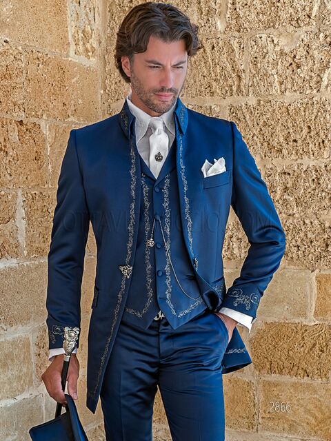 Abito da sposo stile barocco in raso blu ricami nero-argento