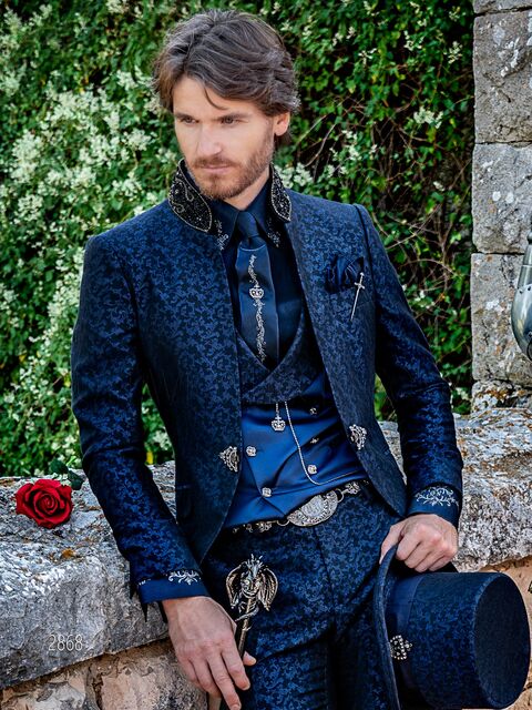 Abito coreano alta moda gotica damascato blu con passamaneria sul collo