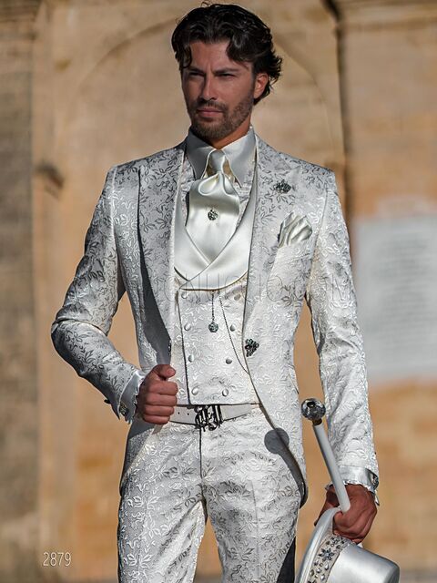 Abito barocco broccato floreale bianco per matrimoni tematici