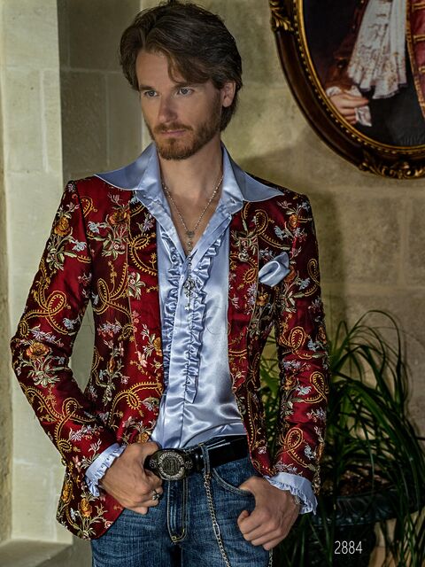 Blazer da uomo in seta shantung rossa con ricamo floreale