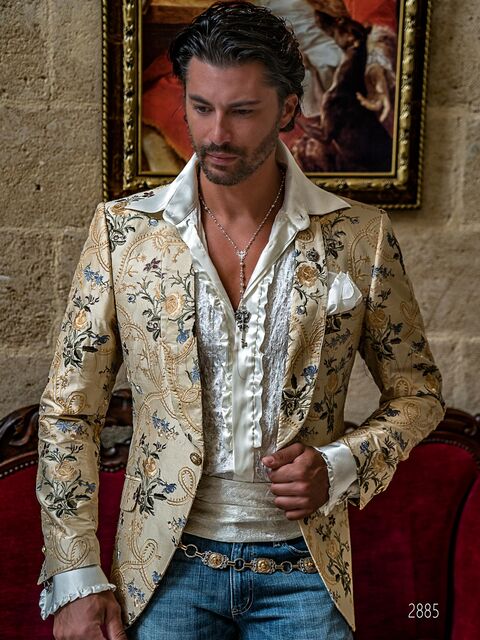 Blazer da uomo in seta shantung beige con ricamo floreale