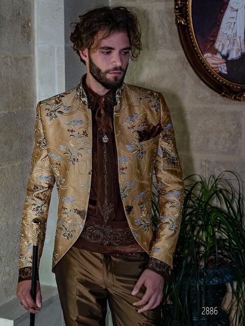 Abito redingote con giacca in shantung di seta oro ricamo floreale