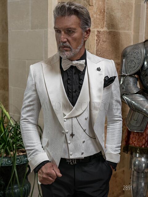 Smoking particolare da uomo stile moderno damascato bianco con gilet abbinato