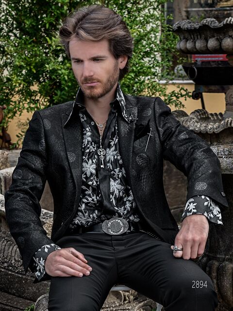 Abito da cerimonia uomo moda con giacca in tessuto broccato nero