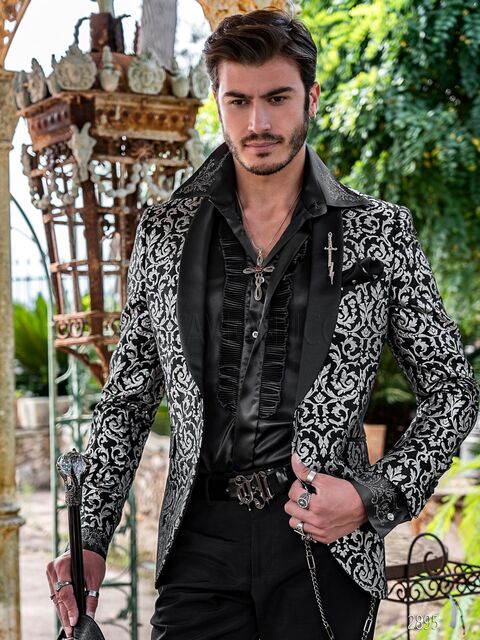 Smoking moda uomo cerimonia broccato nero-argento e pantalone nero