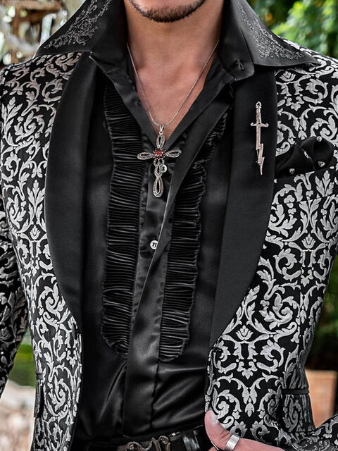 Camicia in raso grigio scuro plissè e ricamo drago