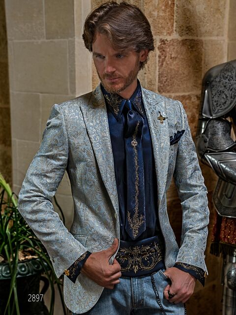 Giacca uomo slim per uno stile elegante in tessuto broccato celeste e oro