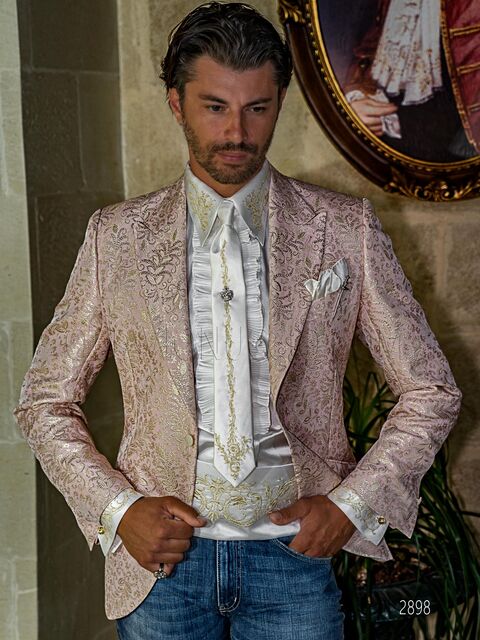 Blazer elegante uomo in tessuto broccato rosa con disegni floreali oro