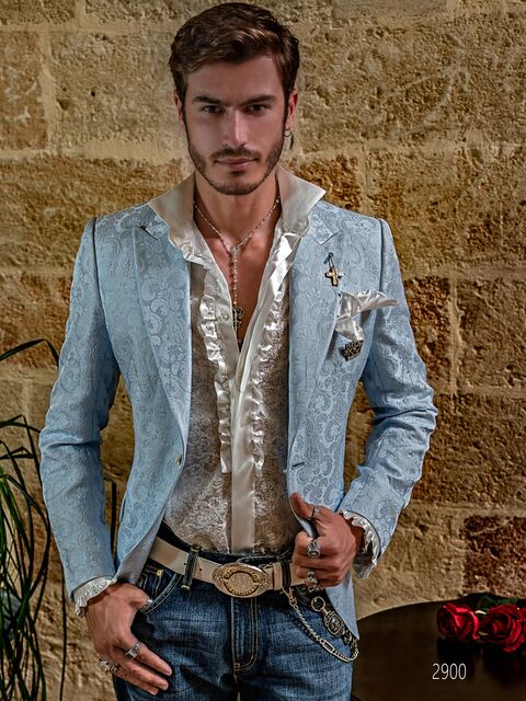 Giacca uomo elegante in tessuto broccato celeste raffinato