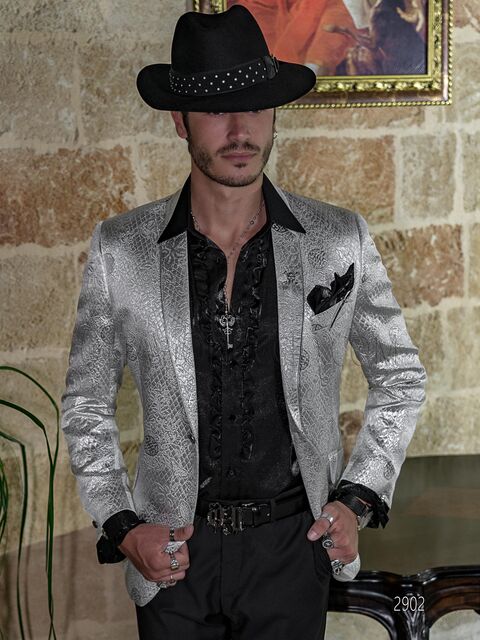 Abito moda uomo per eventi e feste di lusso, giacca broccata argento