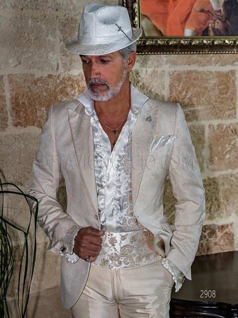 Abito da sposo particolare moderno con giacca jacquard beige