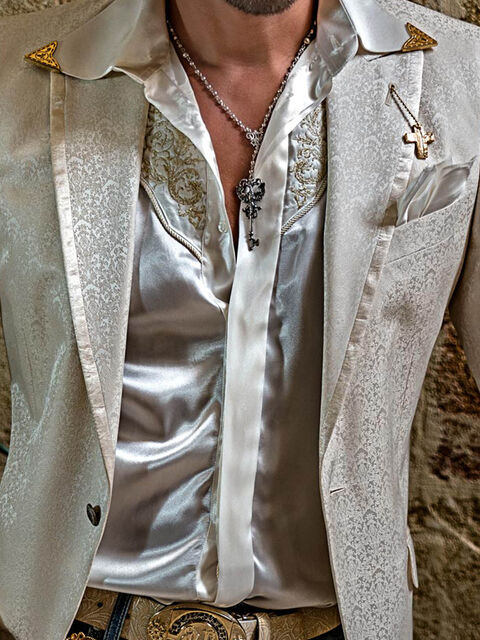Camicia in raso avorio con ricamo oro