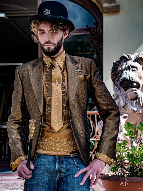 Giacca moda uomo in tessuto broccato bronzo in stile barocco