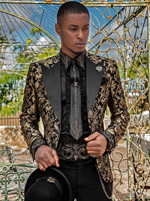 Abito cerimonia uomo con giacca pura seta nero-oro e pantalone nero