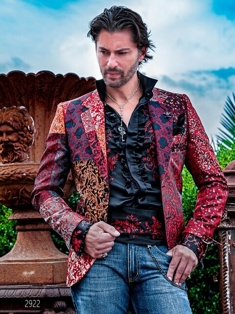 Giacca particolare patchwork in pura seta jacquard sui toni del rosso