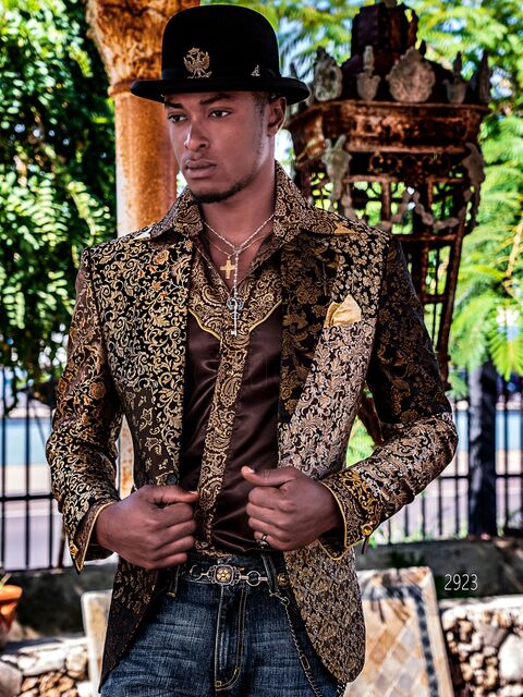 Giacca particolare patchwork in pura seta jacquard nero oro