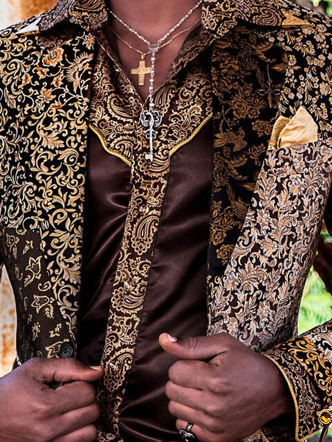 Camicia in raso marrone con inserti di tessuto fantasia