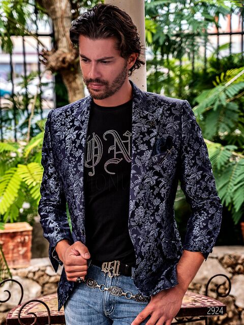 Giacca da uomo moda elegante in pura seta blu