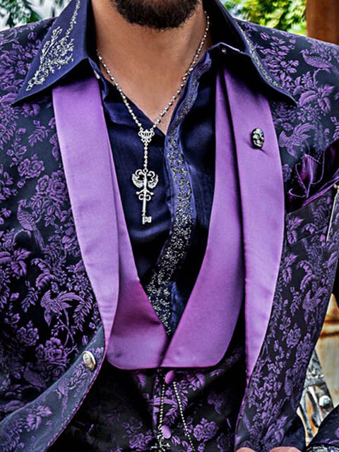 Gilet in seta jacquard nero e viola