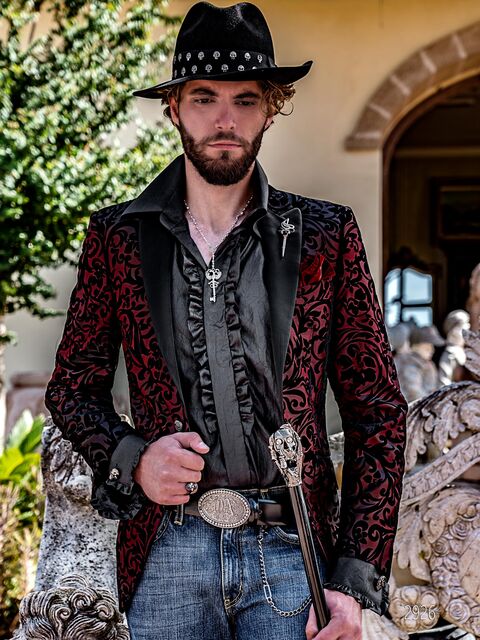 Blazer smoking uomo in tessuto velluto nero rosso con disegni floreali