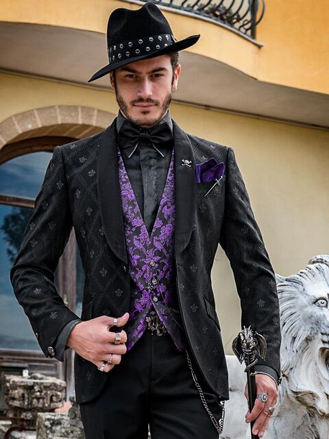 Smoking stile moderno nero ricamato argento con gilet in seta viola