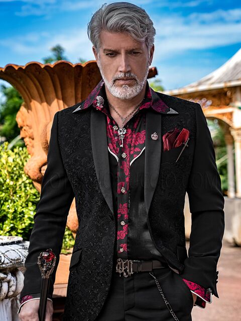 Smoking moda uomo nero ricamato a tono in stile country-chic