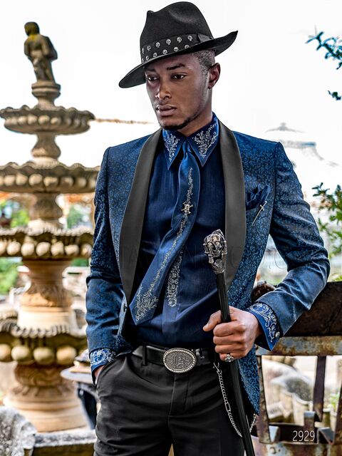 Smoking cerimonia uomo stile moderno damascato blu con pantalone nero