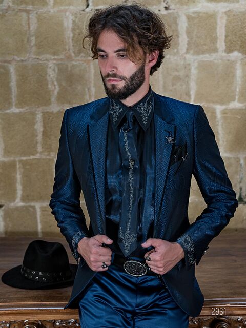Abito cerimonia uomo vintage chic blu con giacca in tessuto optical