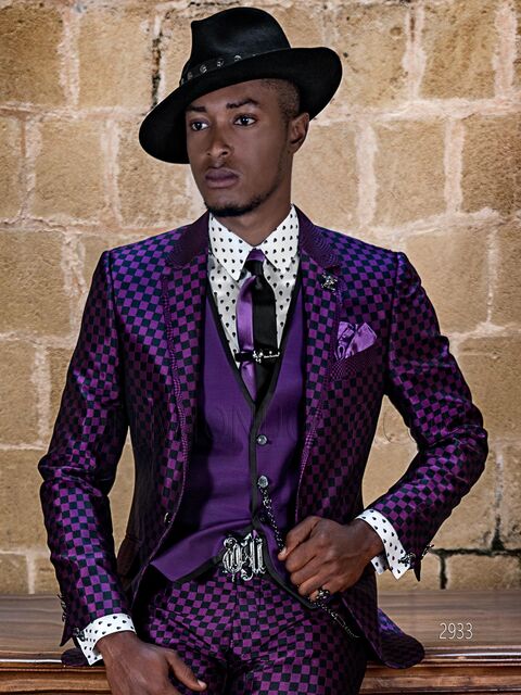 Abito cerimonia uomo stile vintage chic disegno scacchi viola e nero