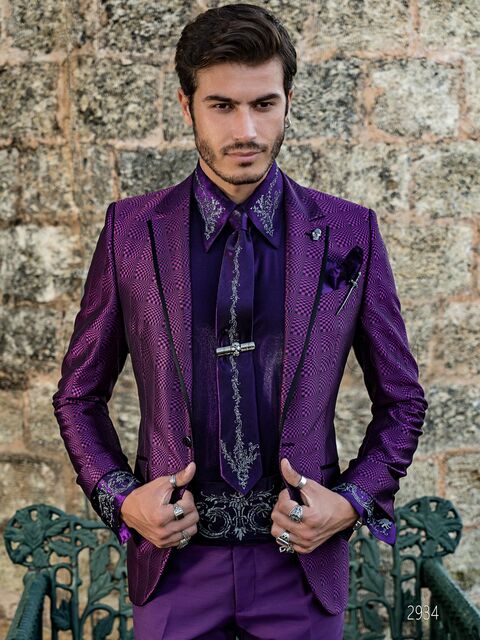 Abito cerimonia stile vintage-chic tessuto optical viola e pantalone in tinta