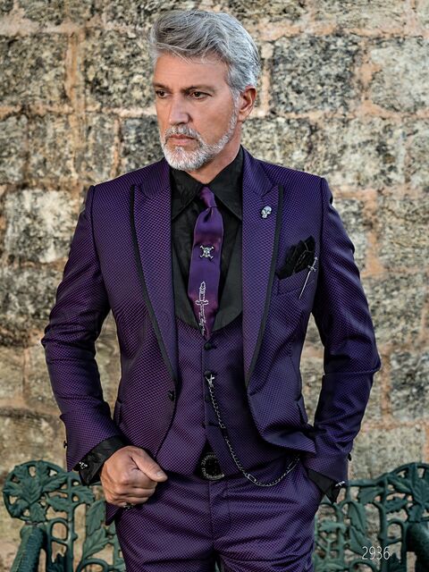 Abito cerimonia uomo moda viola microdisegno con inserti neri