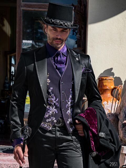 Abito uomo in raso nero con strass cristal in stile steampunk vintage