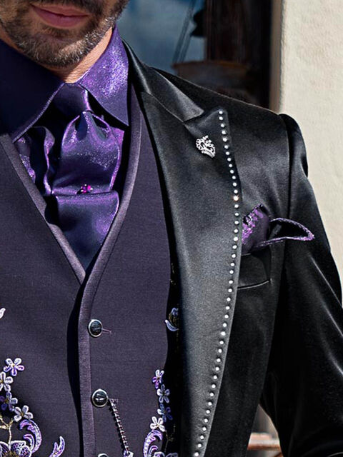 Cravatta 6,5 cm e Fazzoletto in lurex viola scuro