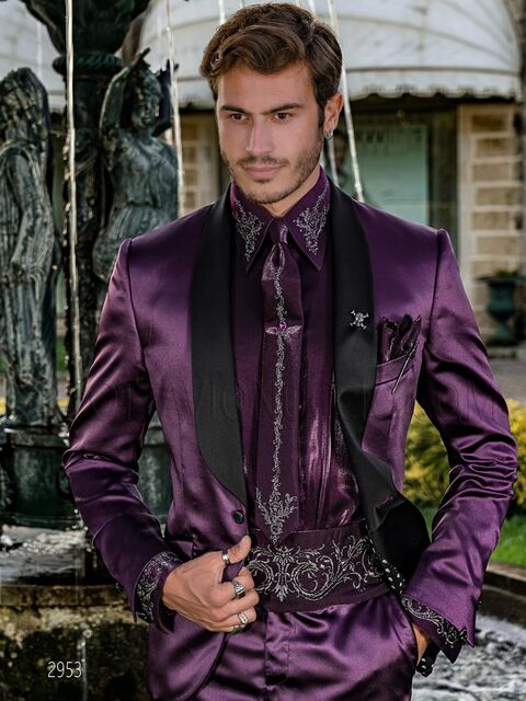 Smoking stile particolare moda in raso viola e pantalone nero
