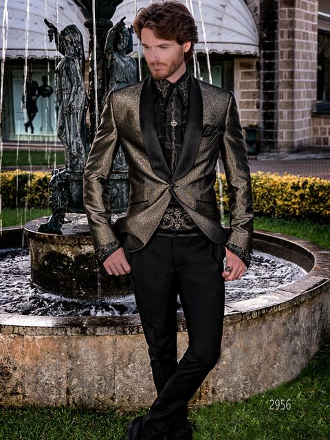 Smoking uomo sciallato moda da cerimonia in tessuto oro laminato