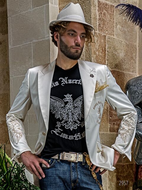 Giacca cerimonia moda in raso avorio con ricamo oro a forma di aquila