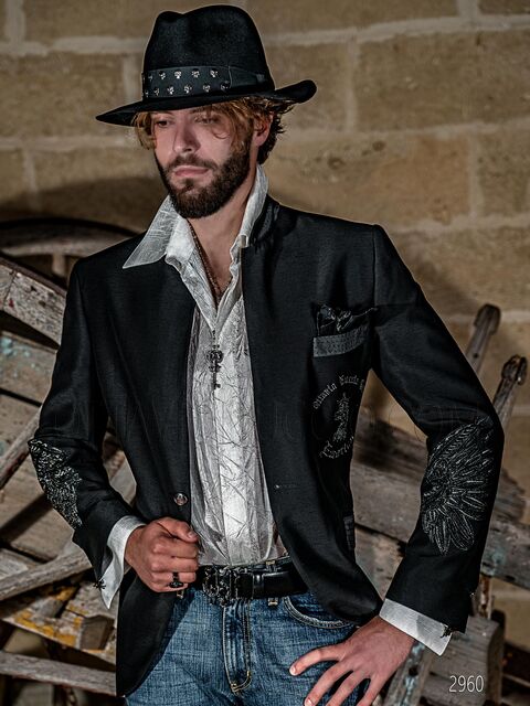 Giacca blazer moda gotica shantung nero con ricamo aquila argento