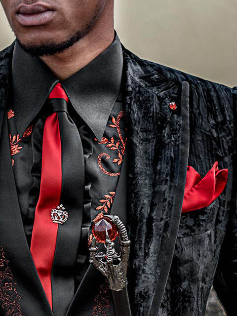Cravattino bicolore in raso nero e rosso con fazzoletto