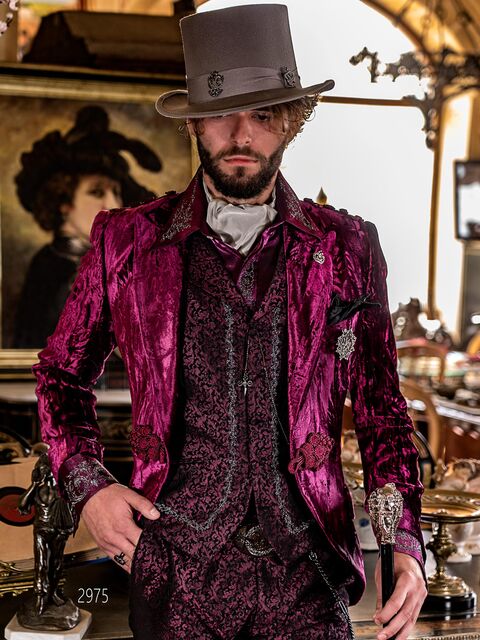 Abito uomo steampunk viola | Giacca velluto stropicciato e pantalone damascato