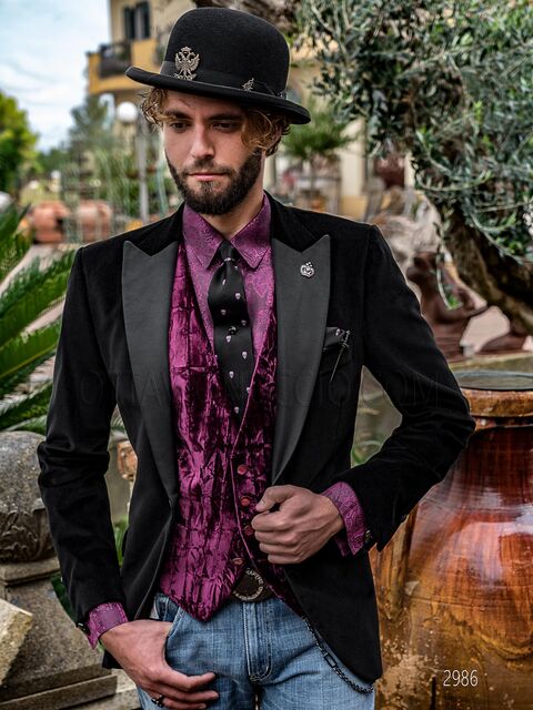 Giacca uomo smoking in velluto nero con rever lancia in raso nero