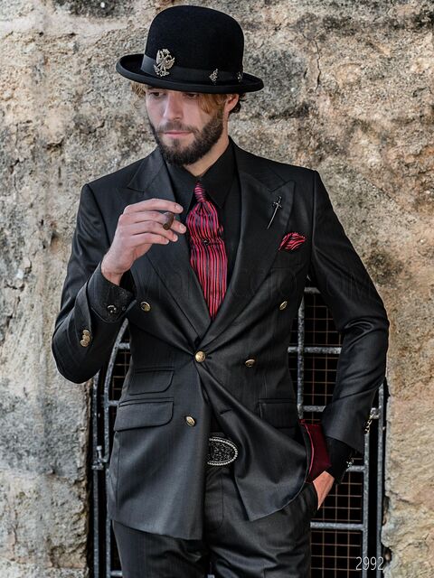 Abito uomo doppiopetto elegante nero gessato con riga rossa