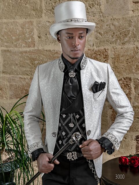 Giacca coreana elegante stile gotico damascato bianco con pantalone nero