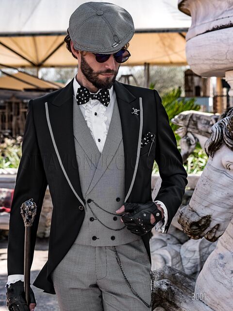 Giacca in stile steampunk nera con pantalone e gilet in pied-de-poule