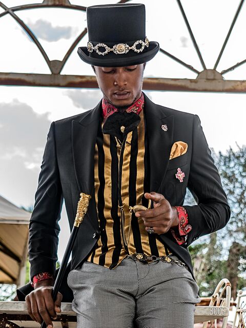 Abito uomo stile steampunk in misto lana nero, pantalone pied-de-poule